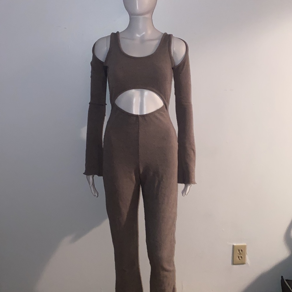 Pretty Little Things Brown Jumpsuit With Front Cutout - Long Sleeves